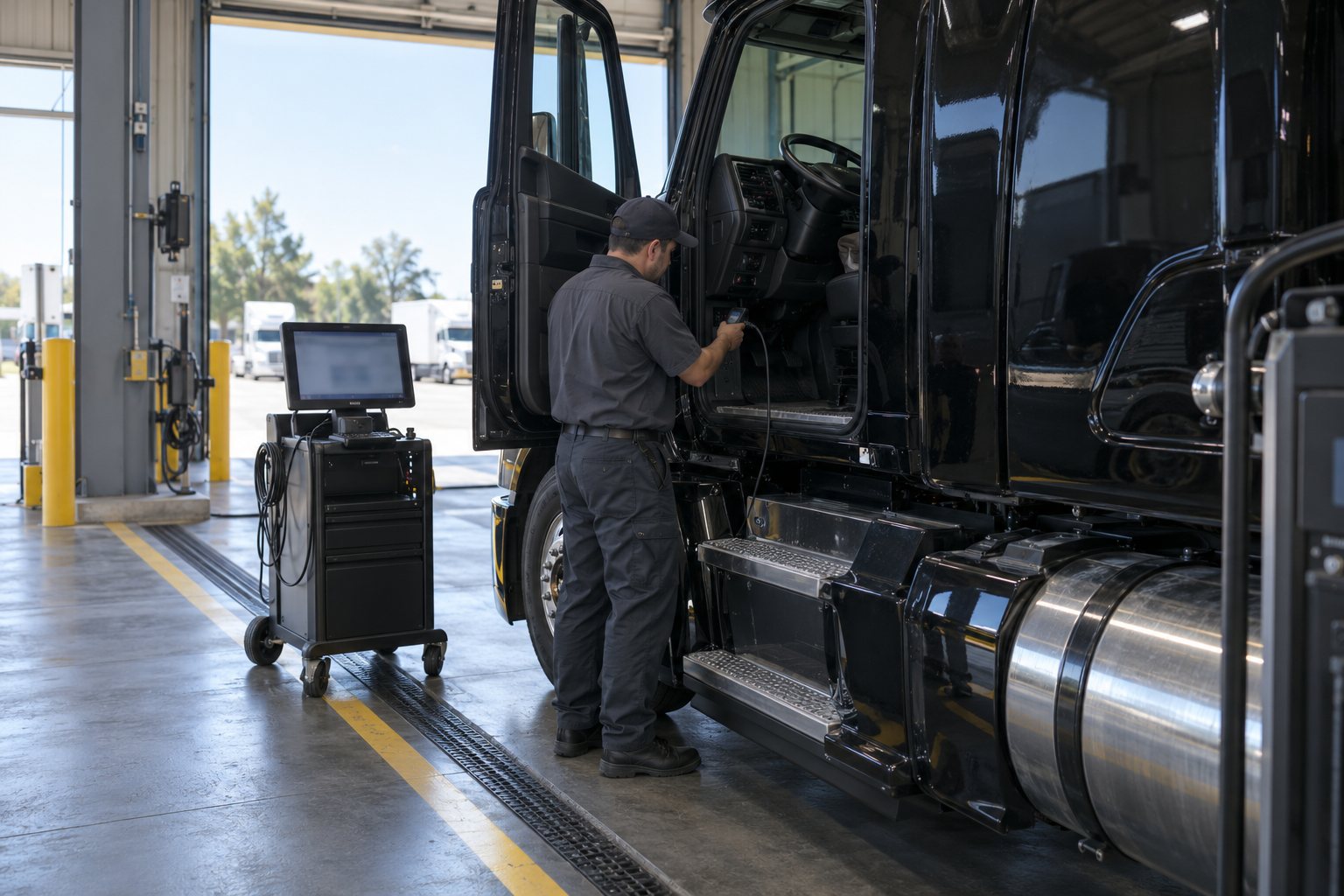 A technician in a bright test bay plugging a diagnostic reader into the cab of a black tractor, the emissions test cart and screen beside him, trucks outside the open door