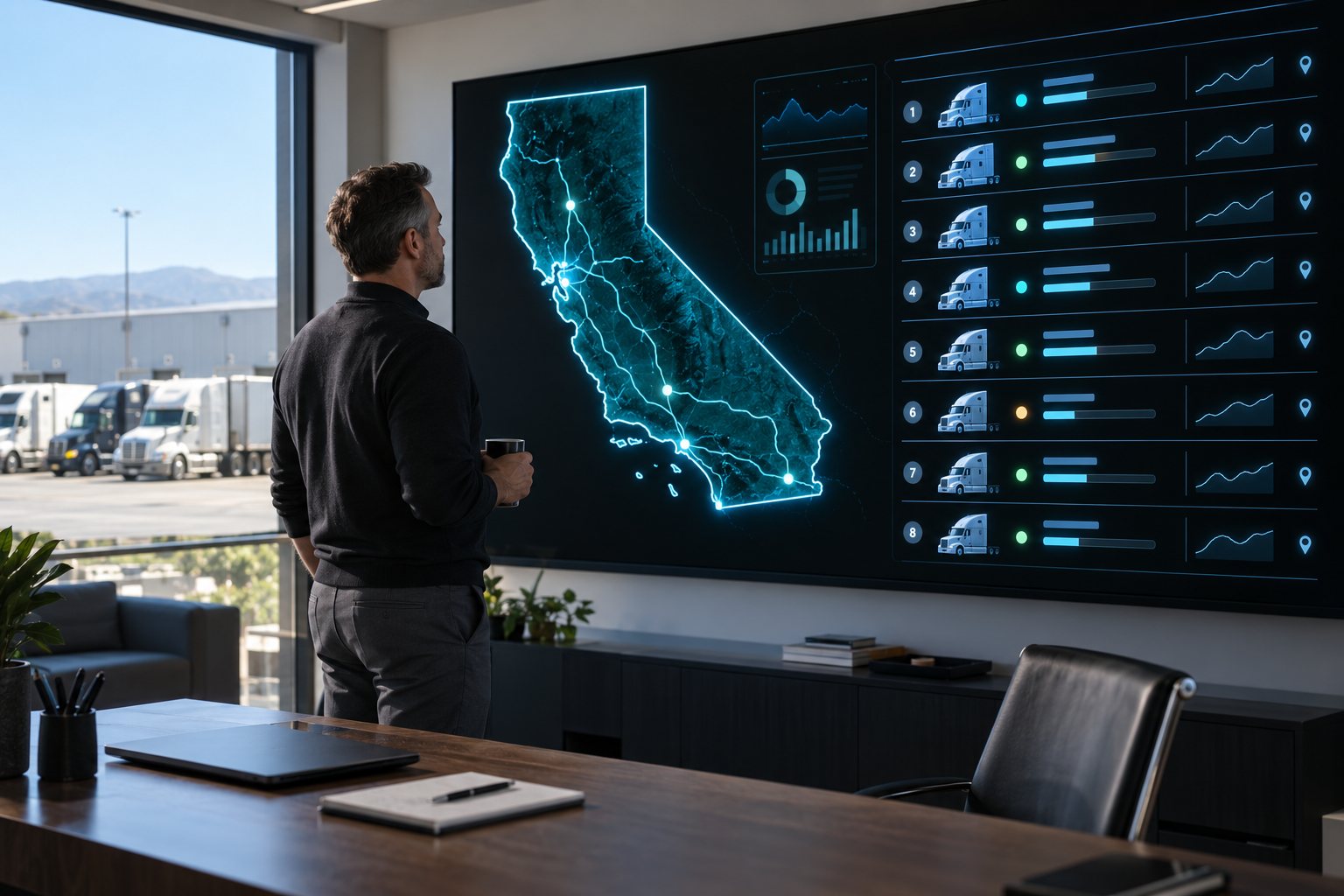 A fleet manager with a coffee in front of a wall display showing a glowing map of California and a ranked list of eight trucks with status lights, a truck yard through the window