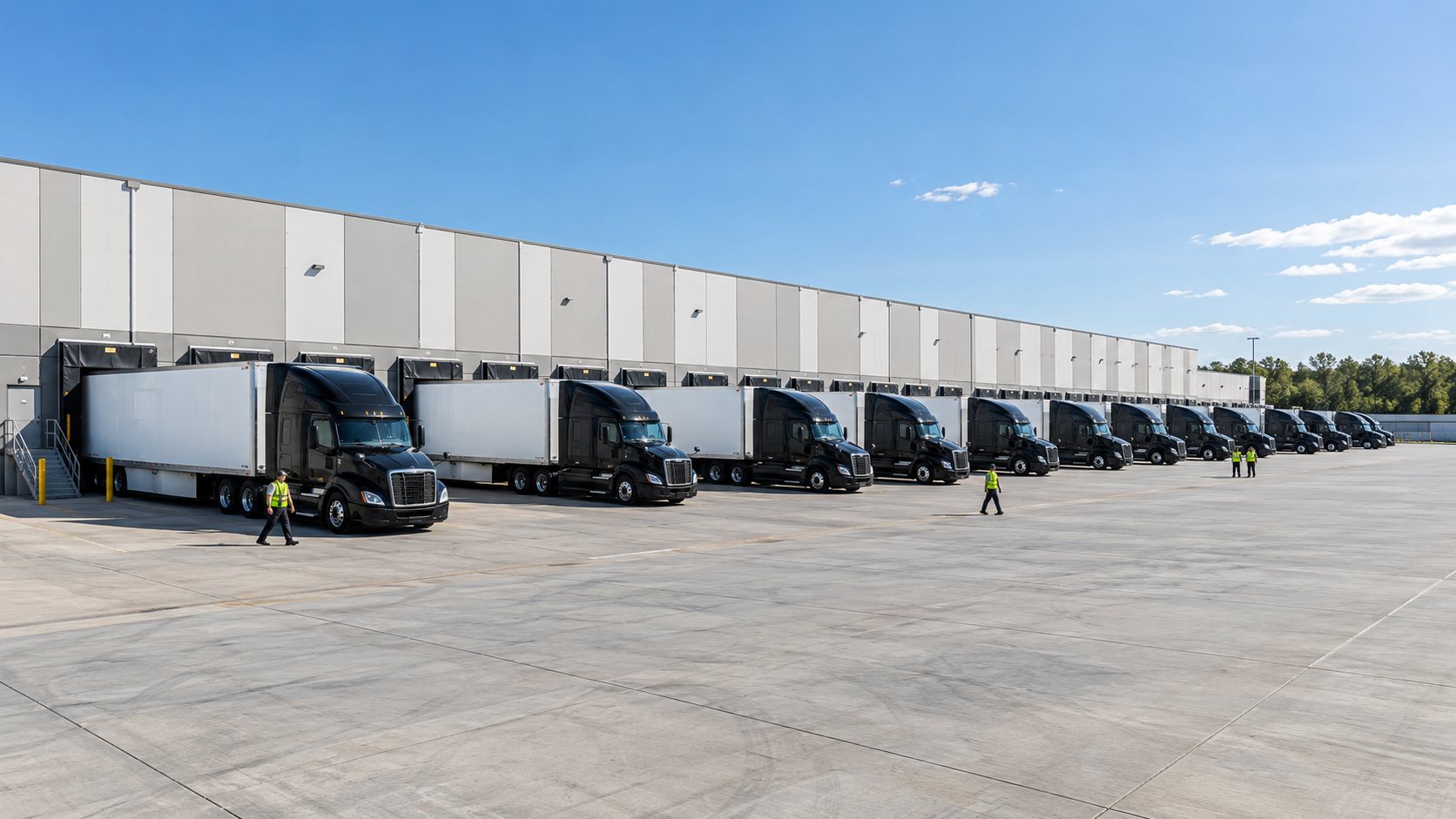 Wide bright terminal yard on a clear day, a dozen black tractors with white trailers backed to the docks, yard staff in safety vests