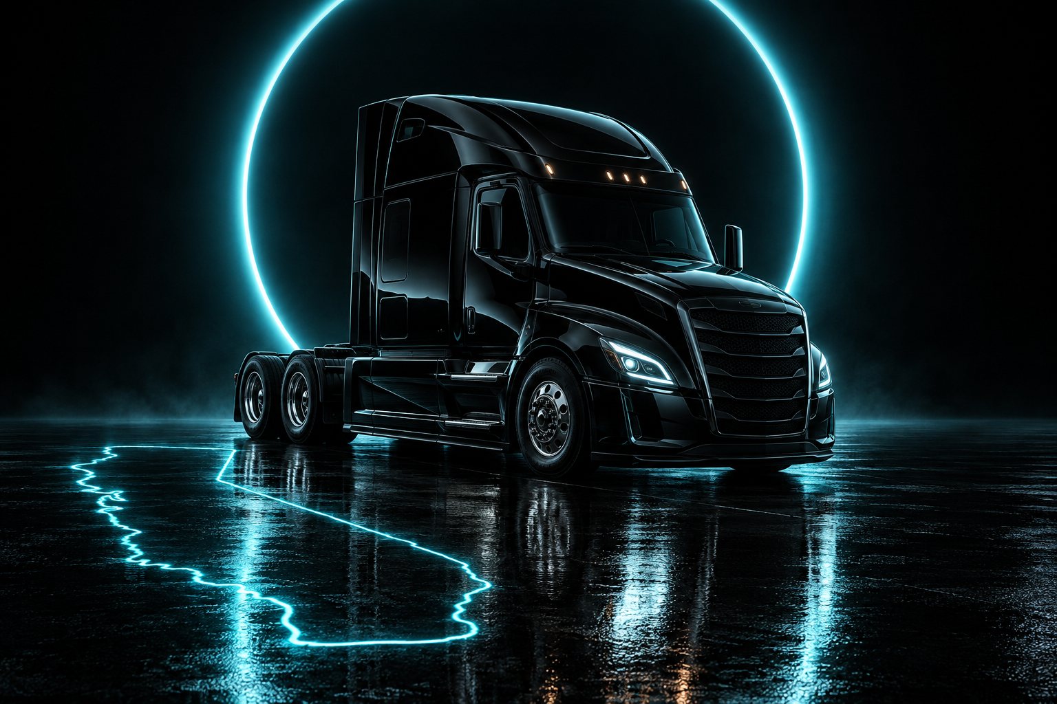 X3 Clean Truck: a black tractor under a ring of cyan light on a wet black floor, the outline of California glowing in cyan on the floor beside it