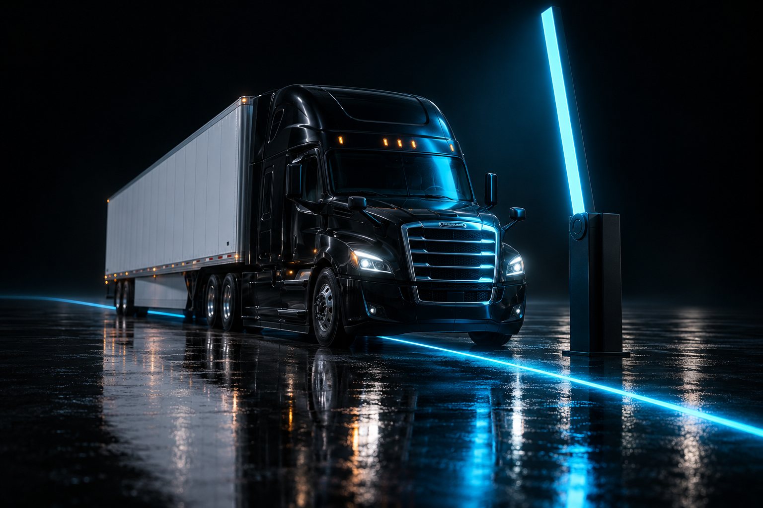 X3 Clean Truck: a black tractor with a white trailer on a wet black floor beside a raised gate arm lit in cyan, a cyan line across the floor in front of the bumper