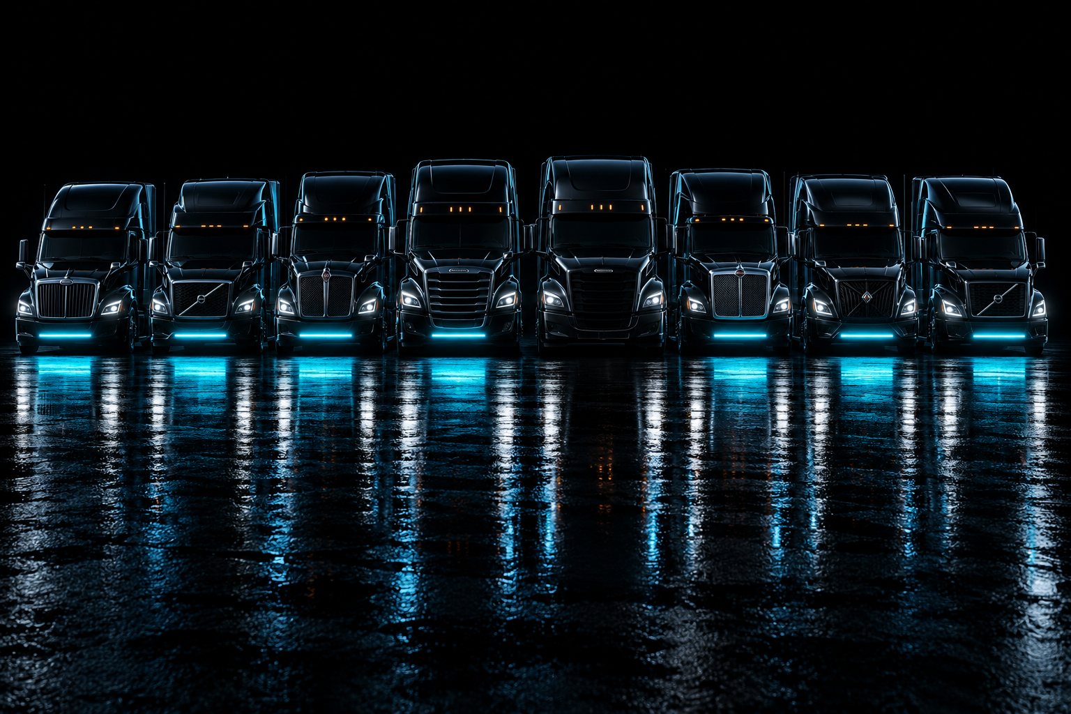 Eight black tractors nose-out in a row on a wet black floor in darkness, each with a cyan status bar beneath its bumper, one bar dark