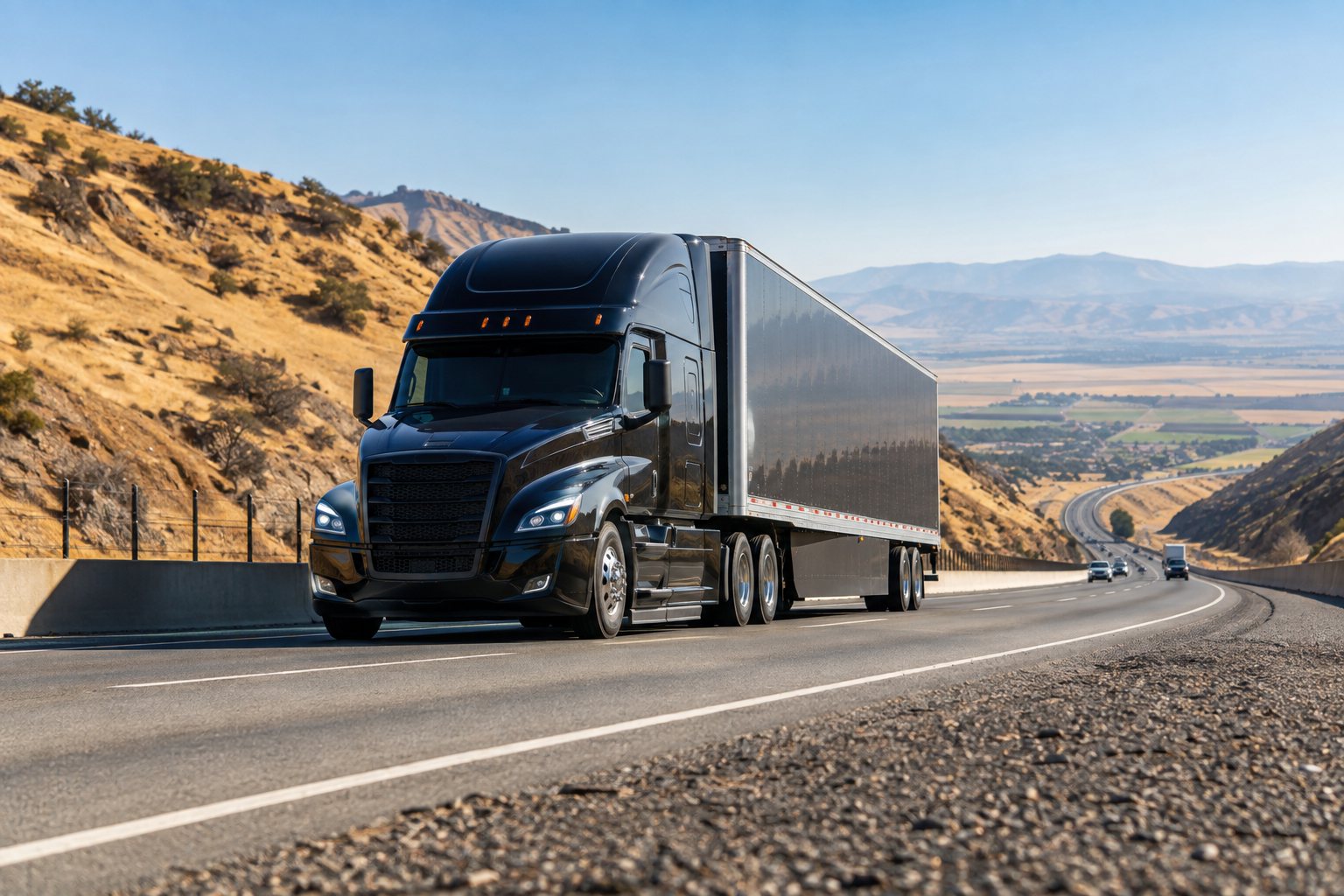 A black tractor-trailer cresting a California mountain pass on I-5 on a clear morning, the valley farmland and the highway winding below