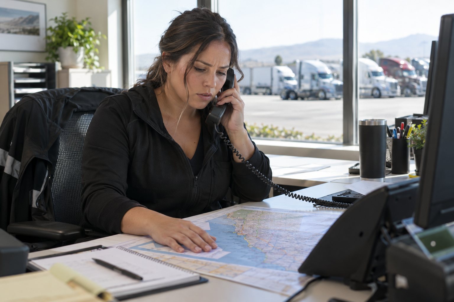 A dispatcher on a desk phone, frowning over a California road map with a route sheet on top, a row of tractors in the yard outside